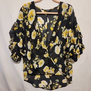 Sheer Black and Yellow Floral Surpice Vneck